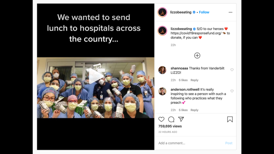 Lizzo uploaded a video to Instagram announcing she would send lunch to hospitals across the country as a ‘thank you’ during the coronavirus pandemic.
