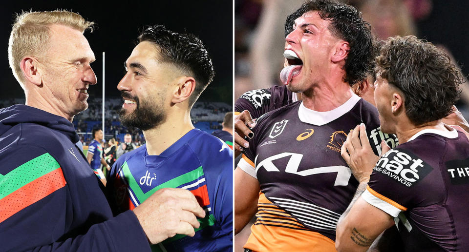 Pictured left to right, members of the Warriors and Broncos NRL teams.