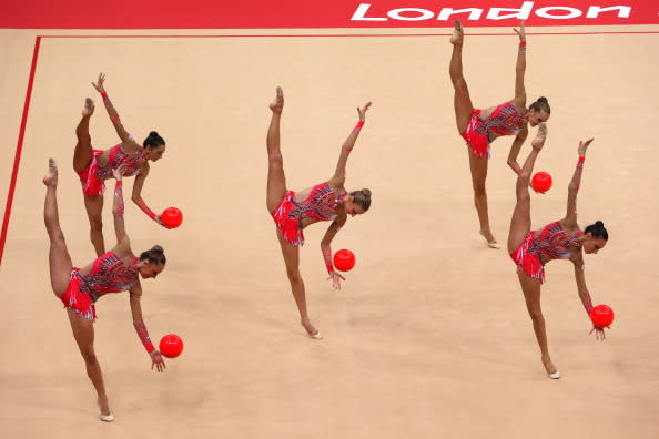 LONDON, ENGLAND - AUGUST 12: Italy perform with the ball during the Group All-Around Rhythmic Gymnastics Final Rotation on Day 16 of the London 2012 Olympic Games at Wembley Arena on August 12, 2012 in London, England. (Photo by Ronald Martinez/Getty Images)