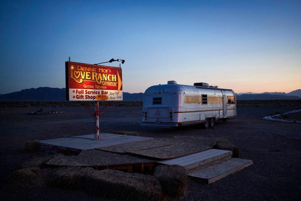 A sign advertises the Love Ranch brothel in Crystal, Nev.