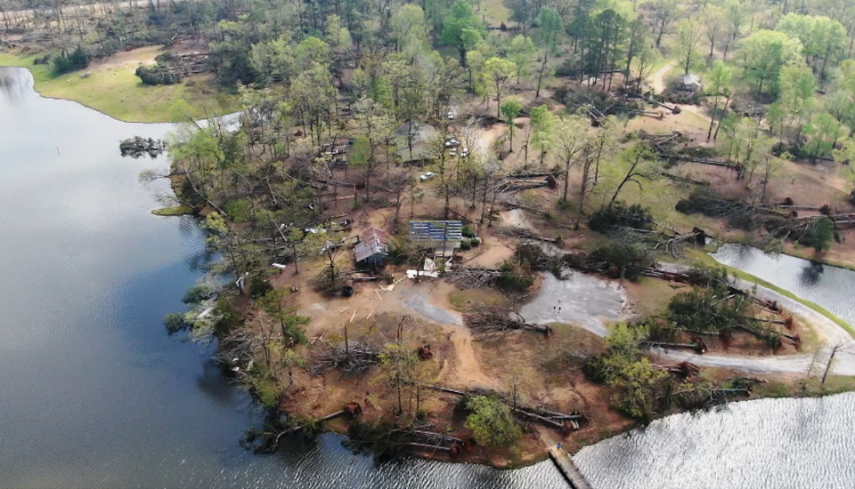 Drone imagery shows tornado damage from a March 24 outbreak that forced MDWFP to  close Lake Monroe.