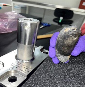 Recovered stanchion from the NASA flight support equipment used to mount International Space Station batteries on a cargo pallet. The stanchion survived re-entry through Earth's atmosphere on March 8, 2024, and impacted a home in Naples, Florida.