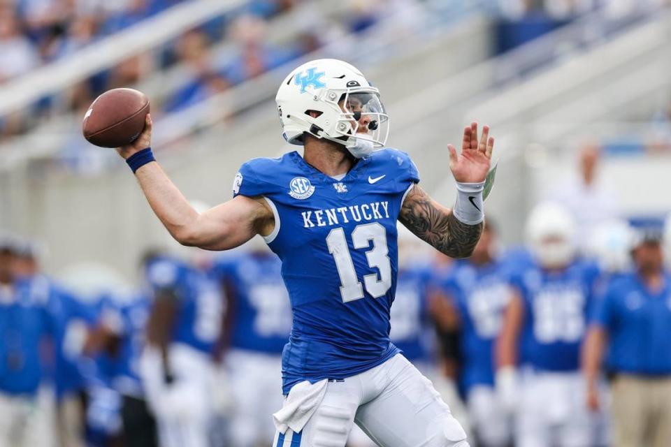 For Kentucky quarterback Devin Leary (13), Saturday’s game with No. 22 Florida and Gators QB Graham Mertz is a head-to-head matchup with the other transfer-portal quarterback UK considered in the past offseason. Leary transferred to Kentucky from North Carolina State, while Mertz exited Wisconsin for Florida.