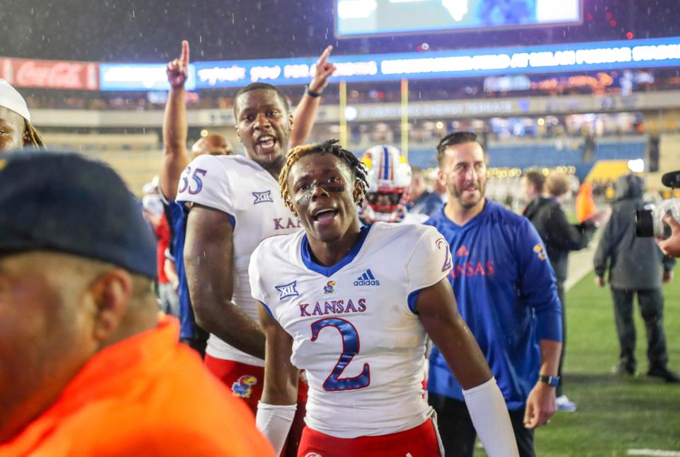 Kansas cornerback Cobee Bryant (2) celebrates after defeating West Virginia on Sept. 10 in Morgantown, West Virginia.