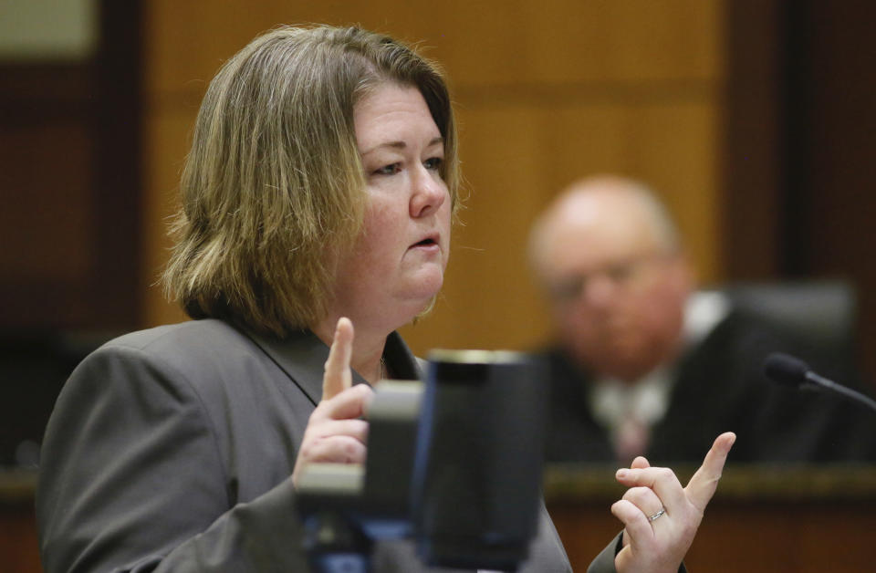 Leah Jo Viste makes closing arguments for the state Thursday, Sept. 27, 2018, in District Court, in Fargo, N.D., during William Hoehn's trial for conspiracy to commit murder of Savanna LaFontaine-Greywind, a 22-year-old who's baby was cut from her womb. (Michael Vosburg/The Forum via AP, Pool)