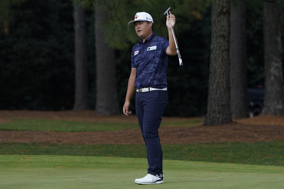 Sungjae Im, of South Korea, reacts after missing a birdie putt on the 14th hole during the final round of the Masters golf tournament Sunday, Nov. 15, 2020, in Augusta, Ga. (AP Photo/David J. Phillip)