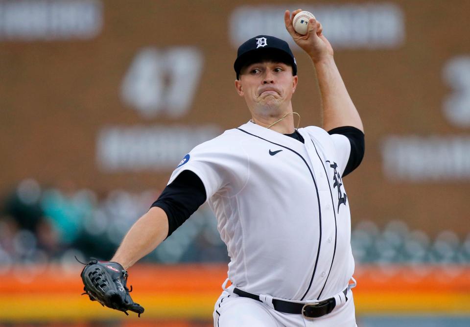 Tigers pitcher Tarik Skubal throws against the Guardians during the second inning on Thursday, May 26, 2022, at Comerica Park.