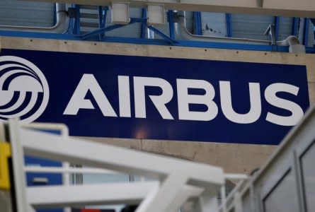 The logo of Airbus is seen at the Airbus A330 final assembly line at Airbus headquarters in Colomiers, near Toulouse, France, November 26, 2018. REUTERS/Regis Duvignau