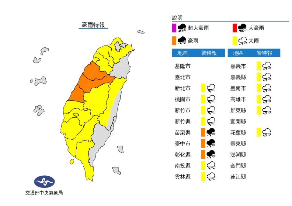  象局今(27)日針對苗栗縣、臺中市及彰化縣發佈豪雨特報。（圖／氣象局提供）