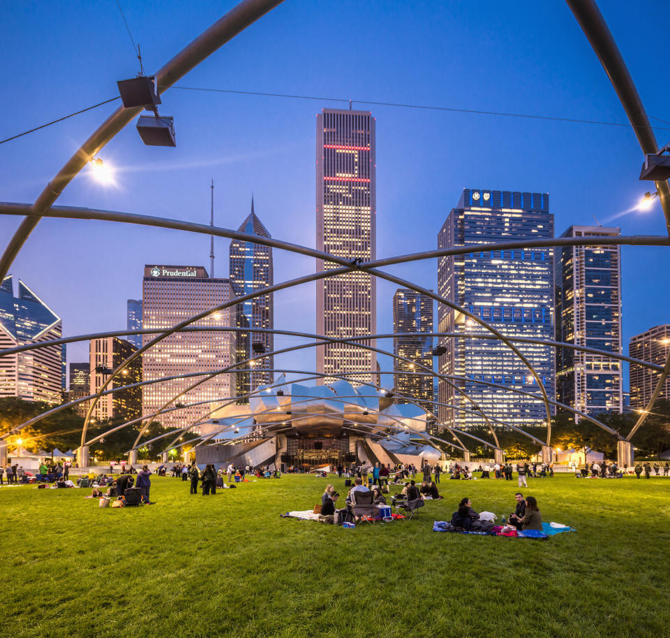 A park surrounded by skyscrapers.