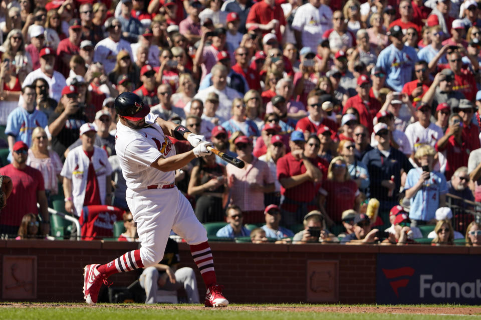 St. Louis Cardinals' Albert Pujols hits a solo home run during the third inning of a baseball game against the Pittsburgh Pirates Sunday, Oct. 2, 2022, in St. Louis. (AP Photo/Jeff Roberson)