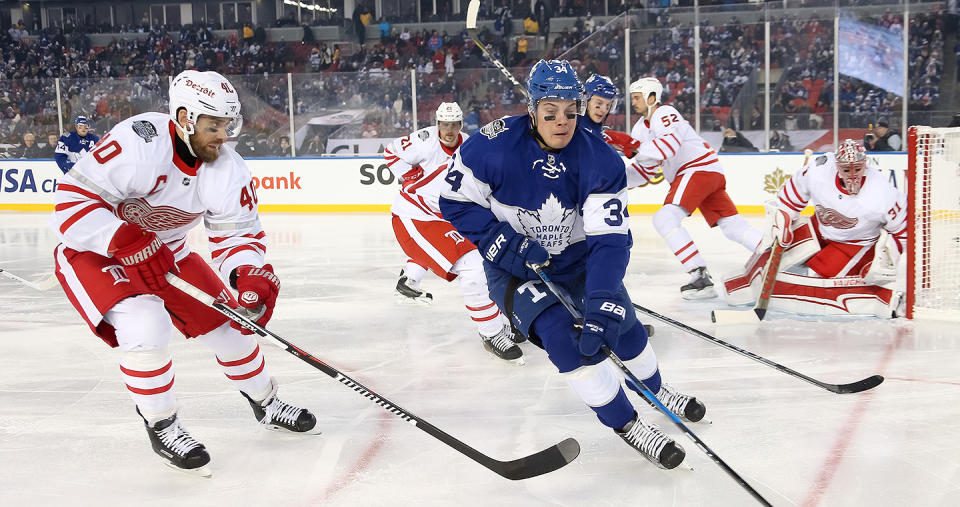 <p>Auston Matthews scored twice, including the overtime winner as the Leafs beat the WIngs 5-4 in the NHL Centennial Classic. (Getty) </p>