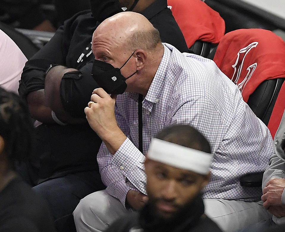 LOS ANGELES, CALIFORNIA - JUNE 26: Owner Steve Ballmer of the LA Clippers looks on during the first half in game four of the Western Conference Finals against the Phoenix Suns at Staples Center on June 26, 2021 in Los Angeles, California. NOTE TO USER: User expressly acknowledges and agrees that, by downloading and or using this photograph, User is consenting to the terms and conditions of the Getty Images License  (Photo by Kevork Djansezian/Getty Images)