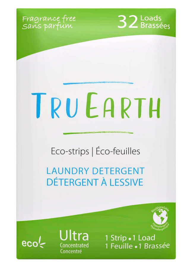 <p>“Those huge jugs of detergent—which contain mostly water—don’t biodegrade, and a lot of carbon is expended in shipping them,” says David. “Switch to laundry sheets or strips or detergent pods made from plant-based materials instead of plastics.” </p> <p><strong>Buy It! </strong>TruEarth laundry strips, $20; <a href="https://www.tru.earth/" rel="nofollow noopener" target="_blank" data-ylk="slk:tru.earth;elm:context_link;itc:0;sec:content-canvas" class="link ">tru.earth</a></p>