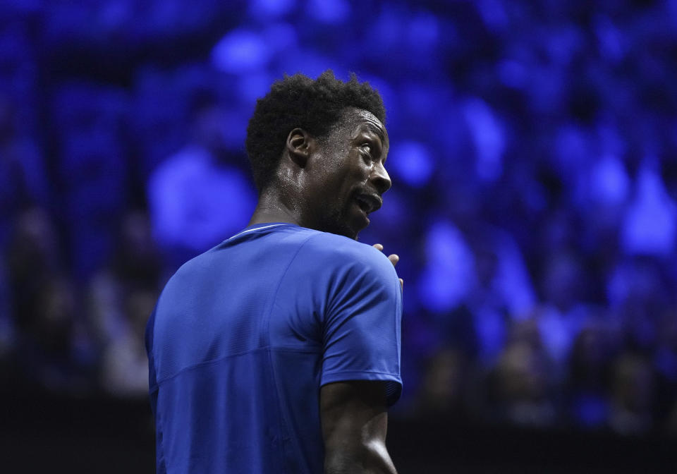 Team Europe's Gael Monfils reacts to the chair umpire while playing Team World's Felix Auger-Aliassime during the first set of a Laver Cup tennis singles match in Vancouver, British Columbia, Friday, Sept. 22, 2023. (Darryl Dyck/The Canadian Press via AP)