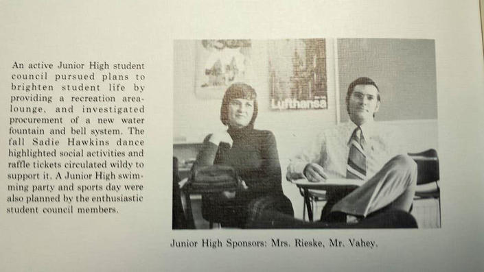 This photo provided by former Tehran American School student Mark Turnage shows part of a page about student organizations in the school's 1973 yearbook with a photo of William James Vahey, right, who taught at the school from 1972-1973. Vahey was one of the most beloved teachers in the world of international schools that serve the children of diplomats, well-off Americans and local elites. That was the public persona of William Vahey until a maid stole a memory drive from him in November. On it was evidence that Vahey molested scores of adolescent boys, possibly more. (AP Photo) NO SALES