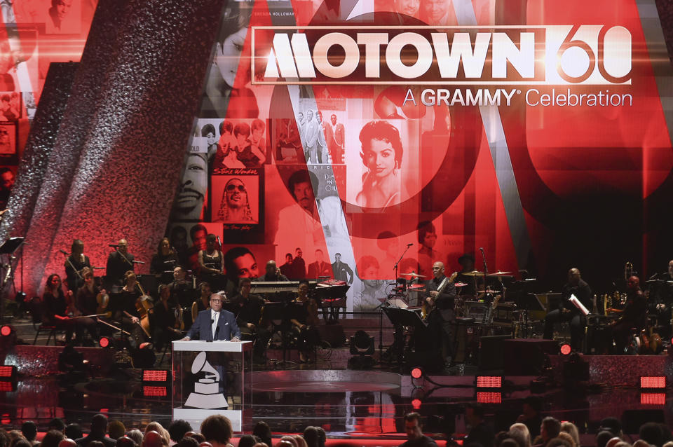 FILE - In this Feb. 12, 2019 file photo, Berry Gordy speaks onstage during Motown 60: A GRAMMY Celebration at the Microsoft Theater in Los Angeles. Motown Records founder Gordy says his historic label brought people from all walks of life through a “legacy of love” at the “Motown 60: A Grammy Celebration” during a taped tribute that will air Sunday, April 21 on CBS. (Photo by Richard Shotwell/Invision/AP, File)
