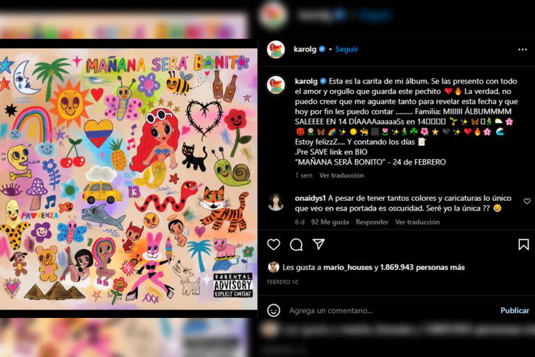 La portada del álbum es colorido y con diversas figuras (Foto Instagram @karolg)