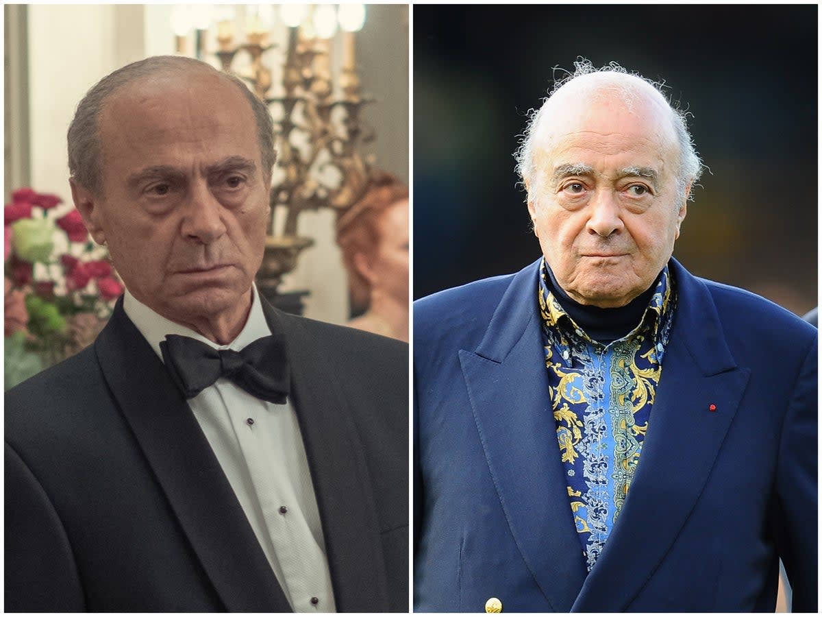 Salim Daw as Mohamed Al-Fayed in The Crown (left) and Mohamed Al-Fayed (right) (Netflix/Getty)