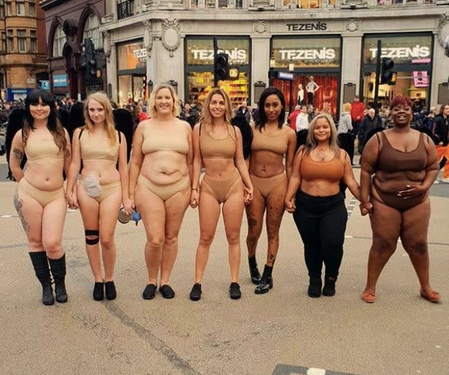 Seven women posed "nude" outside a London&nbsp;Victoria's Secret.&nbsp; (Photo: Jordan Smith )