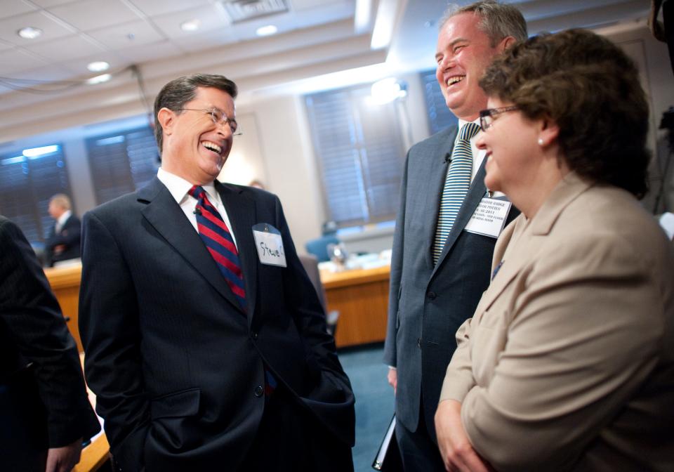 Stephen Colbert at the Federal Election Commission with Trevor Potter of the Campaign Legal Center and Ellen Weintraub of the Federal Election Commission