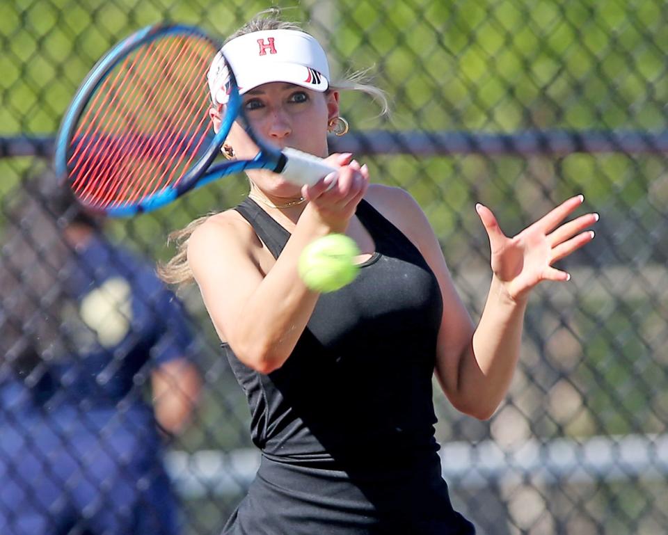 Hingham #2 Katelyn Erickson eyes her forehand return during her Round of 32 match against Shrewsbury in the Division 1 state tournament at Hingham High on Wednesday, May 31, 2023.