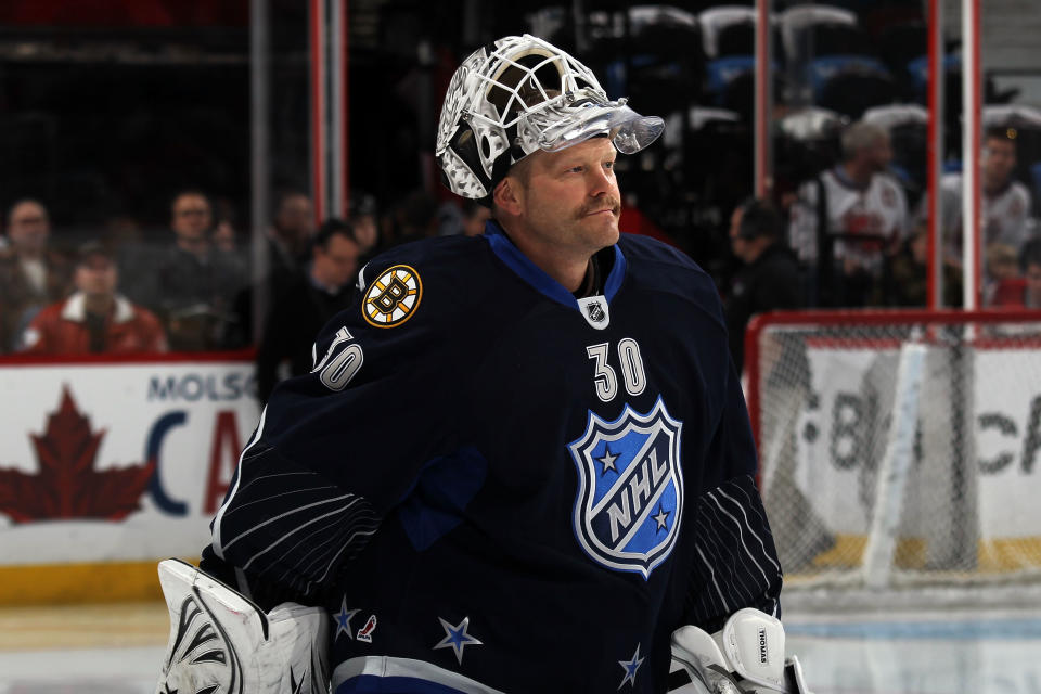 OTTAWA, ON - JANUARY 29: Tim Thomas #30 of the Boston Bruins and Team Chara warms up prior to the 2012 Tim Hortons NHL All-Star Game against Team Alfredsson at Scotiabank Place on January 29, 2012 in Ottawa, Ontario, Canada. (Photo by Bruce Bennett/Getty Images)