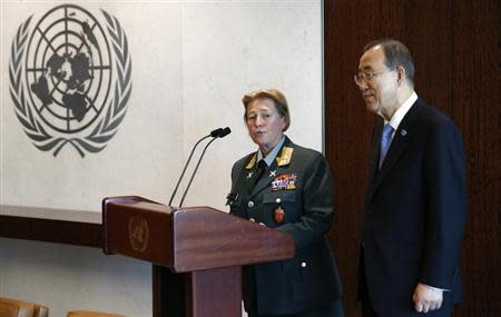 Major General Kristin Lund of Norway (L) meets with U.N. Secretary General Ban Ki-Moon after Lund was appointed as the new Force Commander of the United Nations Peace Keeping Force in Cyprus at United Nations headquarters in New York May 12, 2014. REUTERS/Mike Segar