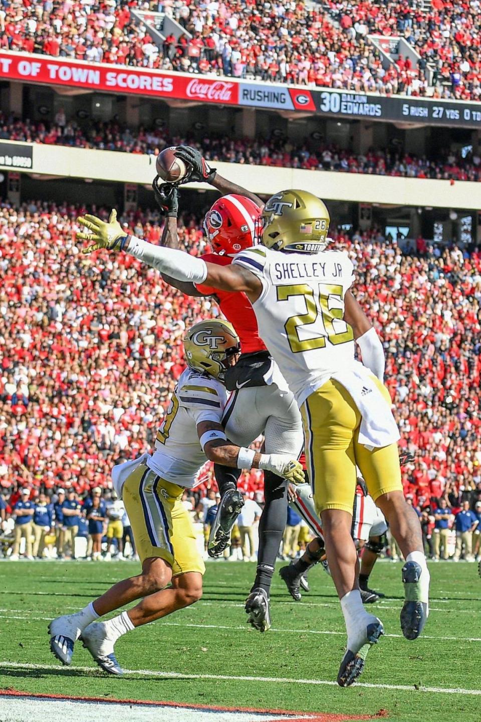 Georgia receiver Marcus Rosemy-Jacksaint hauls in a Stetson Bennett pass for a touchdown in action Saturday against Georgia Tech.