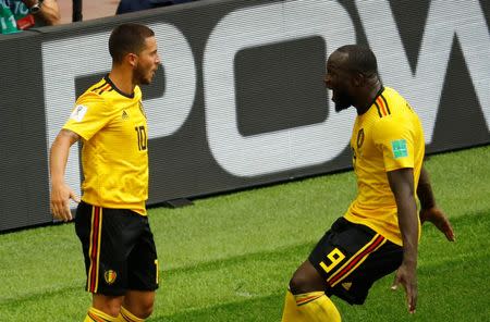 Soccer Football - World Cup - Group G - Belgium vs Tunisia - Spartak Stadium, Moscow, Russia - June 23, 2018 Belgium's Eden Hazard celebrates scoring their fourth goal with Romelu Lukaku REUTERS/Kai Pfaffenbach