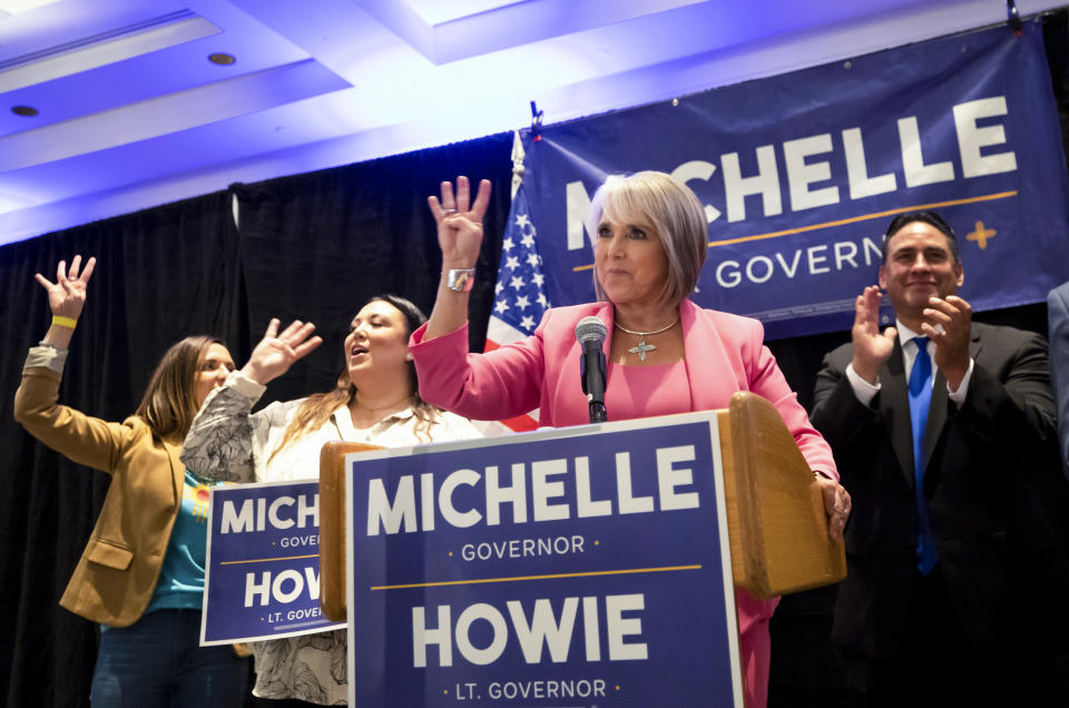 FILE - New Mexico Gov.-elect Michelle Lujan Grisham speaks to supporters in Albuquerque, N.M., Nov. 8, 2022. (AP Photo/Andres Leighton, File)