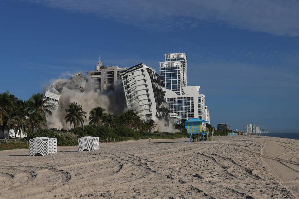 On Sunday, Nov. 13, 2022 Miami Beach’s 17-story hotel tower of the historic Deauville Beach Resort implodes approximately at 8:00 am sending dust full of debris into the oceanside luxury buildings.