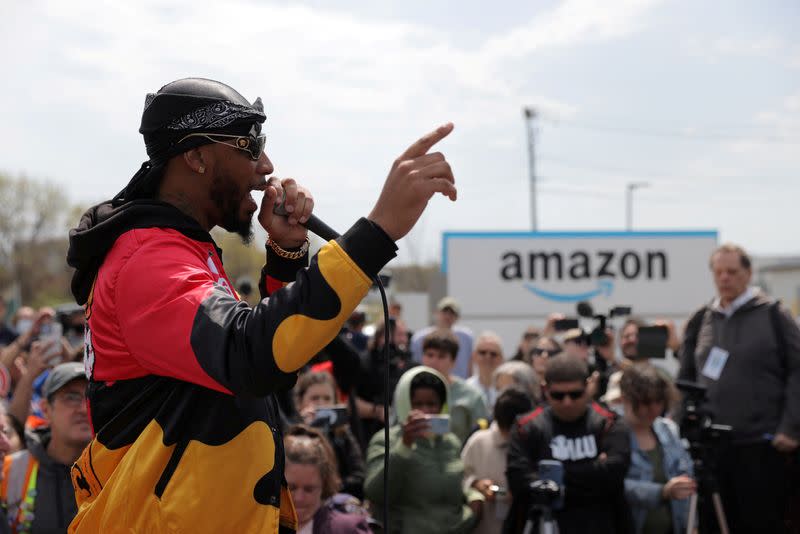 FILE PHOTO: Amazon Labour Union (ALU) organizer Christian Smalls speaks at an Amazon facility during a rally in Staten Island, New York City