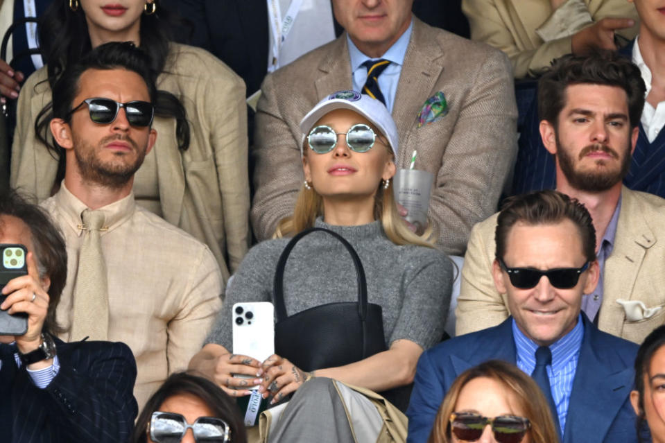 Jonathan Bailey, Ariana Grande, Tom Hiddleston and Andrew Garfield watch Carlos Alcaraz vs Novak Djokovic in the Wimbledon 2023 men’s final. Photo by Karwai Tang/WireImage