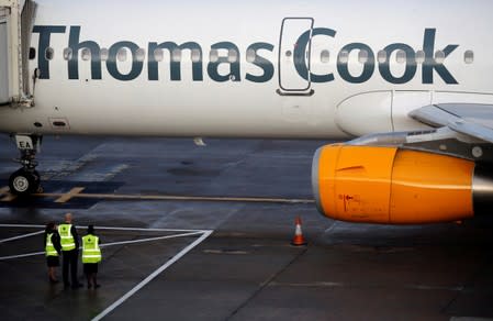 A grounded airplane with the Thomas Cook livery is seen at Manchester Airport