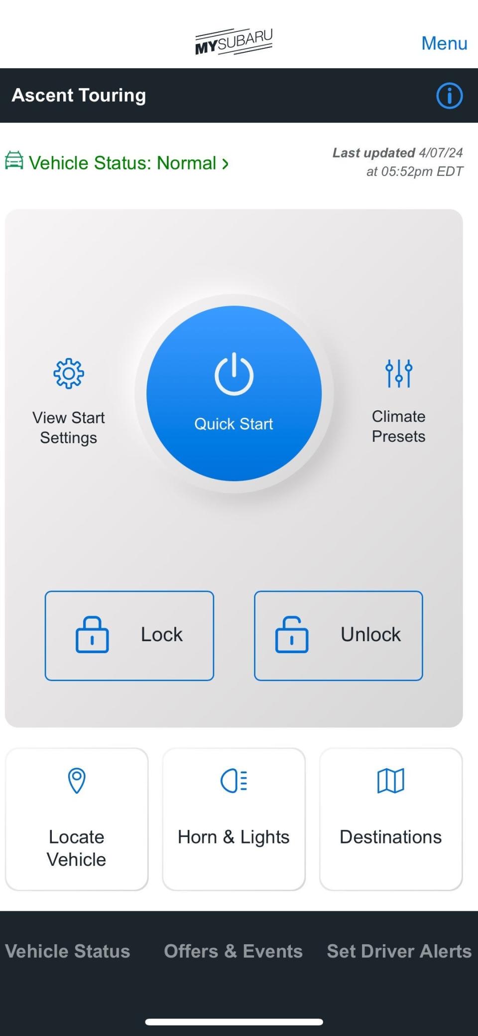 A screenshot of the Subaru's MySubaru App that allows drivers to remotely start, lock, and unlock their vehicles.