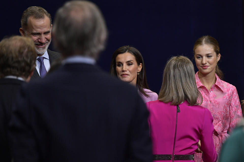 Spain's Princess Asturias Leonor, right, with Queen Letizia and Spain King Felipe VI during a ceremony with Princess of Asturias awards, in Oviedo, northern Spain, Friday, Oct.20, 2023. (AP Photo/Alvaro Barrientos)