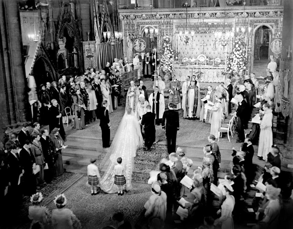 Princess Elizabeth and the Duke of Edinburgh in Westminster Abbey on their wedding day, 1947 (PA)