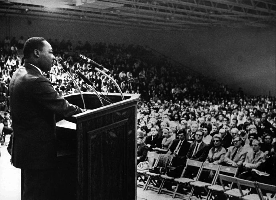 Martin Luther King Jr. addresses a crowded gymnasium at what was then-Monmouth College on Oct. 6, 1966.