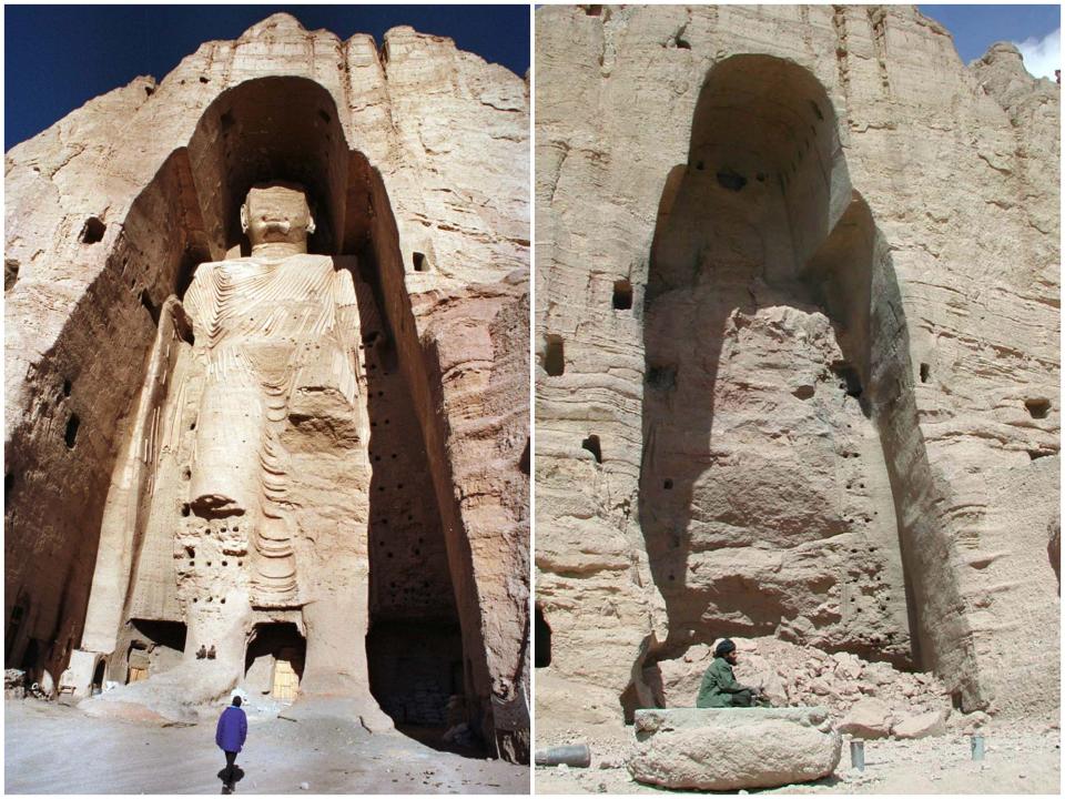 Side-by-side images show one of the Bamiyan Buddhas — a massive stature carved into a niche in the rock — in 1997, and a view of one of them, a featureless mound of rock, midway-through demolition in 2001.