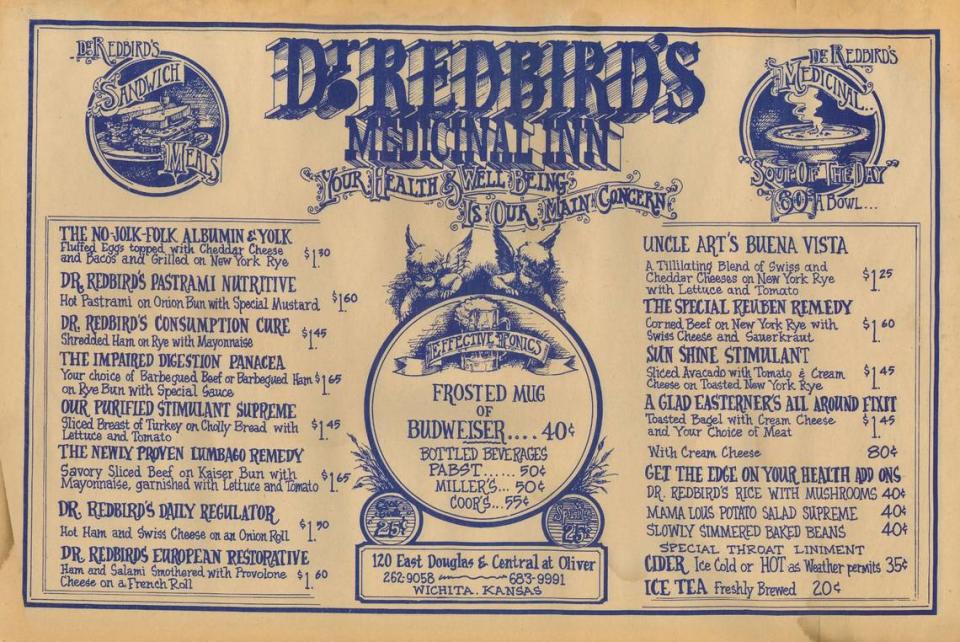 The menu for Dr. Redbird’s Medicinal Inn, which had locations around Wichita from the early 1970s thorough the mid 1980s