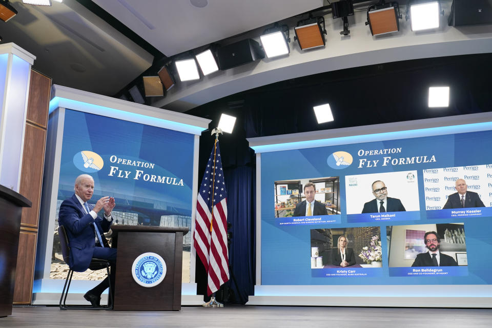 President Joe Biden meets virtually with infant formula manufacturers from the South Court Auditorium on the White House complex in Washington, Wednesday, June 1, 2022, as his administration works to ease nationwide shortages by importing foreign supplies and using the Defense Production Act to speed domestic production. (AP Photo/Susan Walsh)