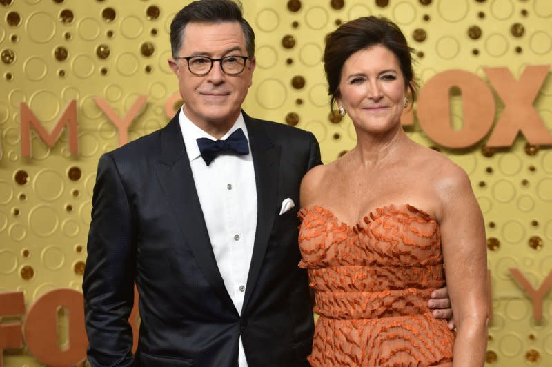 Stephen Colbert (L) and Evelyn McGee-Colbert arrive for the 71st annual Primetime Emmy Awards held at the Microsoft Theater in downtown Los Angeles in 2019. File Photo by Christine Chew/UPI