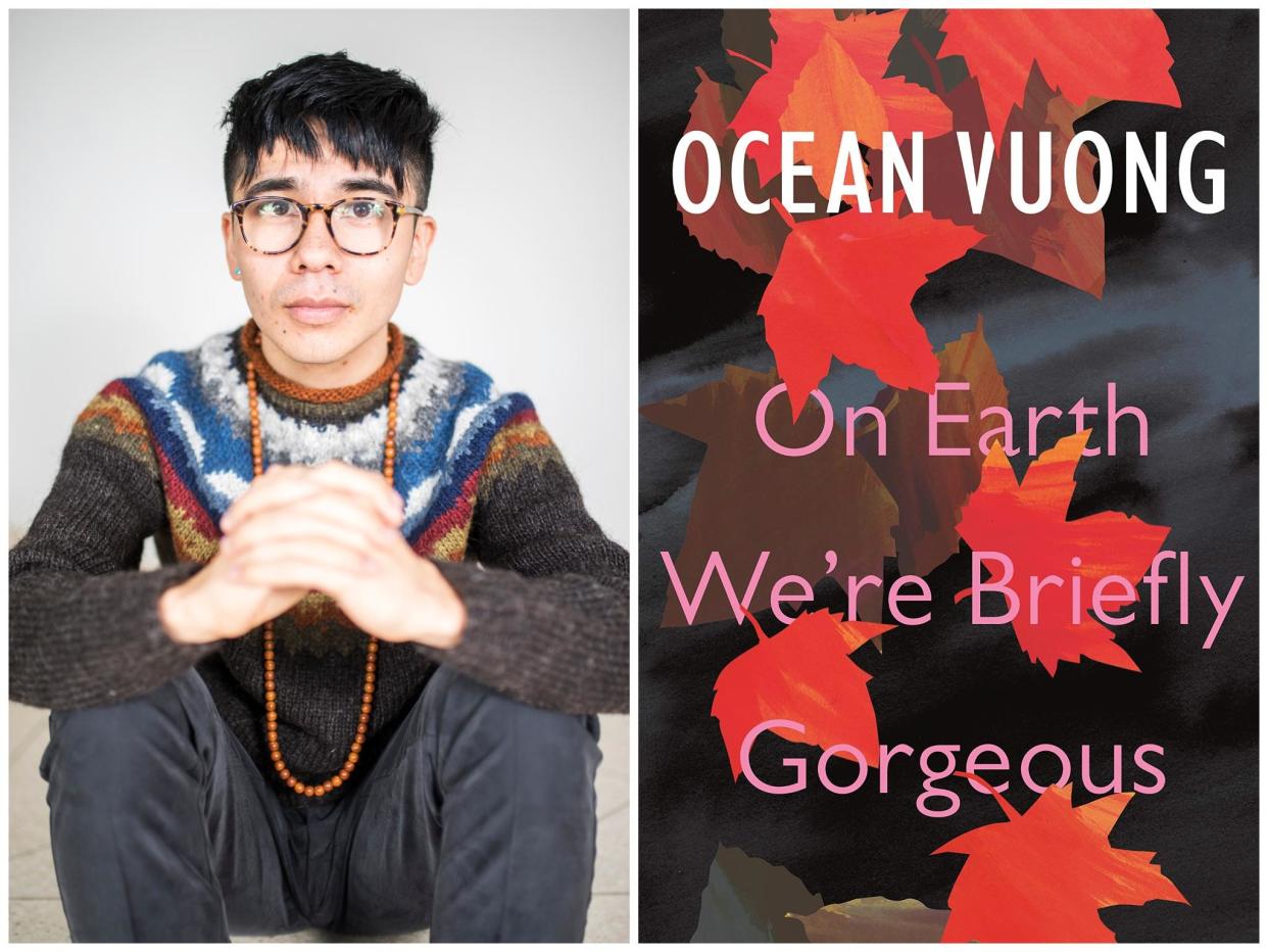 Ocean Vuong alongside his book, On Earth We're Briefly Gorgeous: Rex/Penguin
