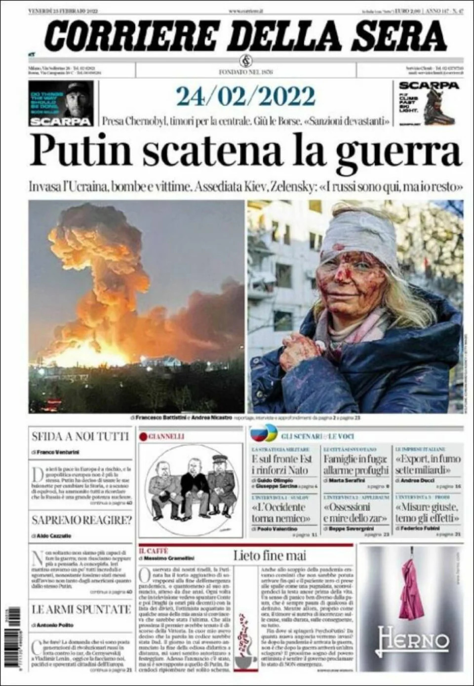 <p>El Corriere della sera abre su portada del 25 de febrero con dos imágenes, una de ellas la de Schwan, que van acompañadas por un titular contra el líder ruso: "Putin desata la guerra". Y es que el presidente de Rusia pretende "desmilitarizar" y "desnazificar" Ucrania. (Foto: <a href="https://www.corriere.it/" rel="nofollow noopener" target="_blank" data-ylk="slk:Corriere della sera" class="link ">Corriere della sera</a>)</p> 