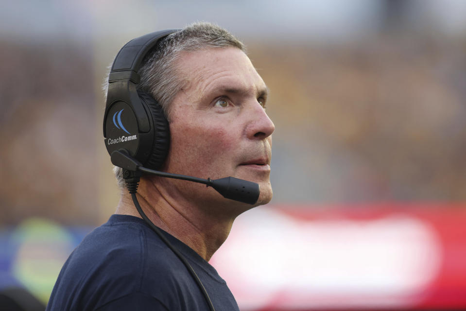 Duquesne head coach Jerry Schmitt looks on during the first half of an NCAA football game against West Virginia, Saturday, Sept. 9, 2023, in Morgantown, W.Va. (AP Photo/Chris Jackson)