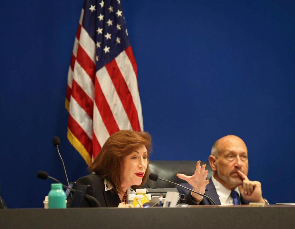 Board member Brenda Fam, left, speaks while Allen Zeman and the rest of the board listen during a Broward County School Board meeting on Tuesday, Jan. 24, 2023, in Fort Lauderdale.