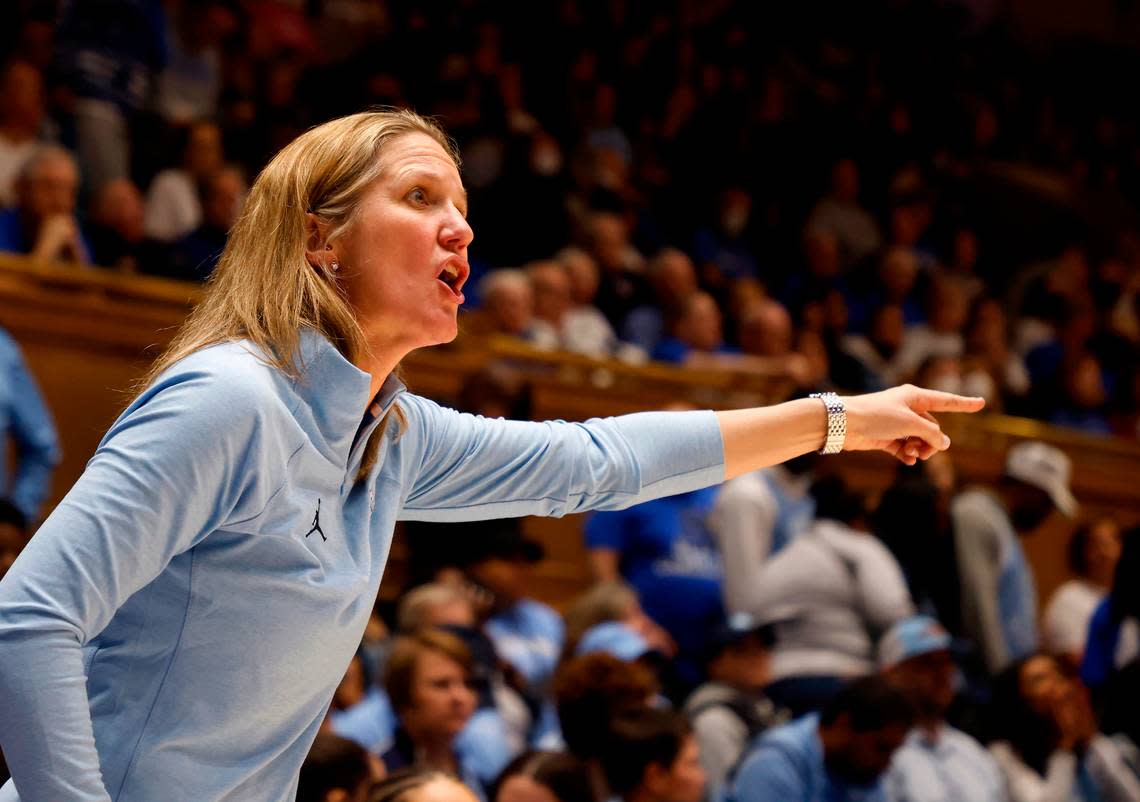 North Carolina head coach Courtney Banghart gives instructions to her team during the first half the Tar Heels’ game against Duke on Sunday, Feb. 26, 2023, at Cameron Indoor Stadium in Durham, N.C.