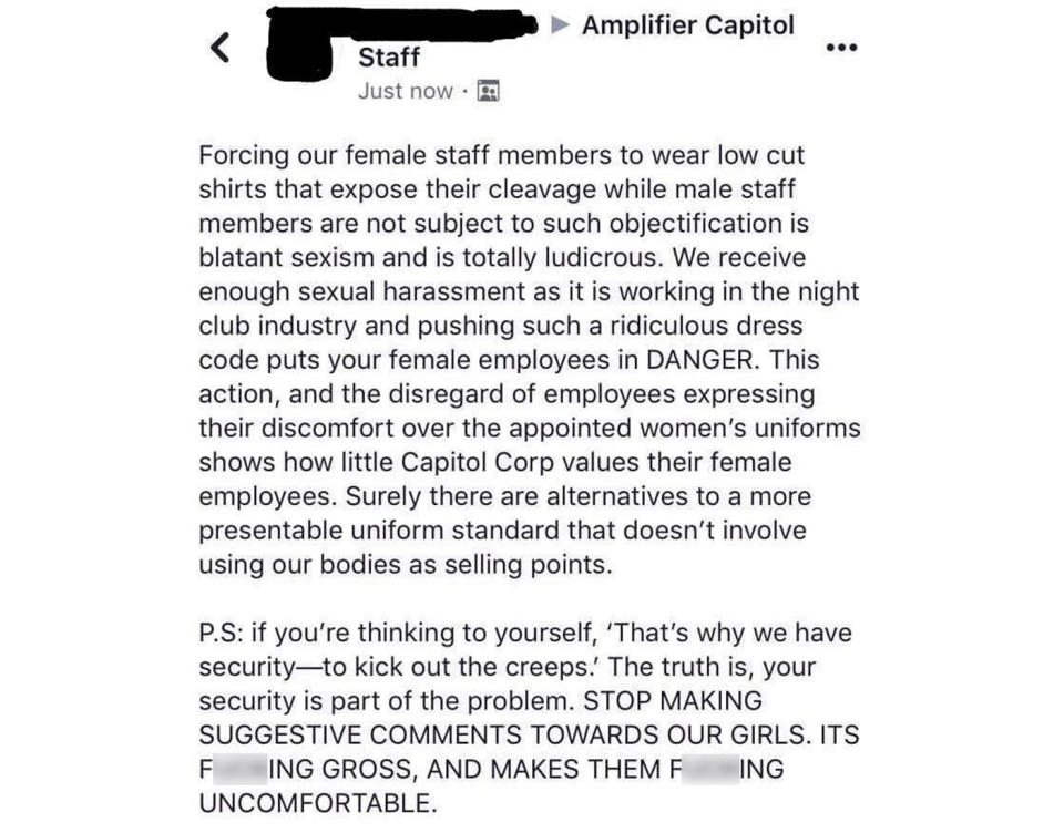 Staff exploded on social media, saying the new shirts exposed female workers to “objectification”. Source: Jessica Williams / Facebook