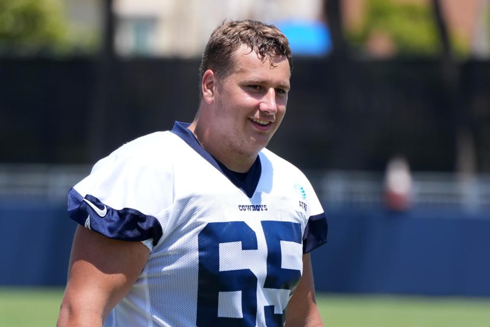 Jul 29, 2023; Oxnard, CA, USA; Dallas Cowboys center Alec Lindstrom (65) during training camp at the River Ridge Fields. Mandatory Credit: Kirby Lee-USA TODAY Sports